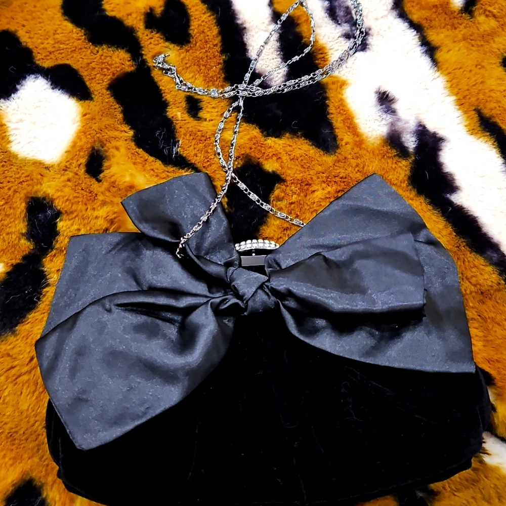Neiman Marcus Black Velvet Bow Evening Bag with Silver Chain